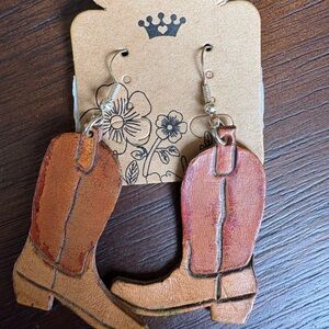 Western Cowboy Boots Dangle Leather Earrings Brown Country Western Brand New